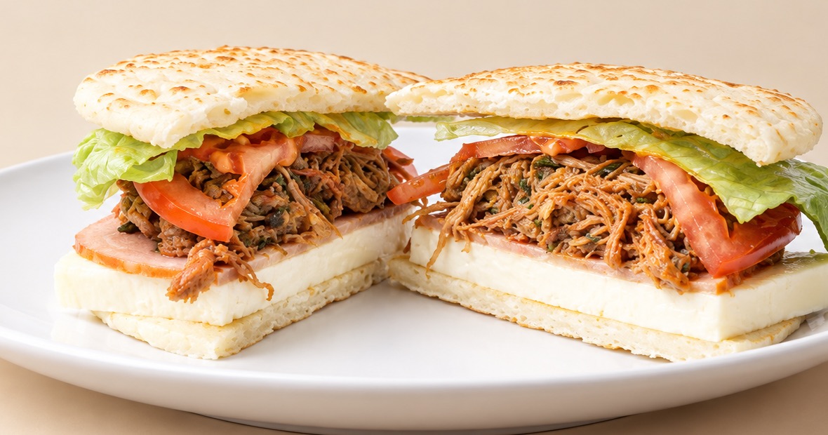 Arepa de carne mechada con queso, jamón, tomate y lechuga, servida en un plato