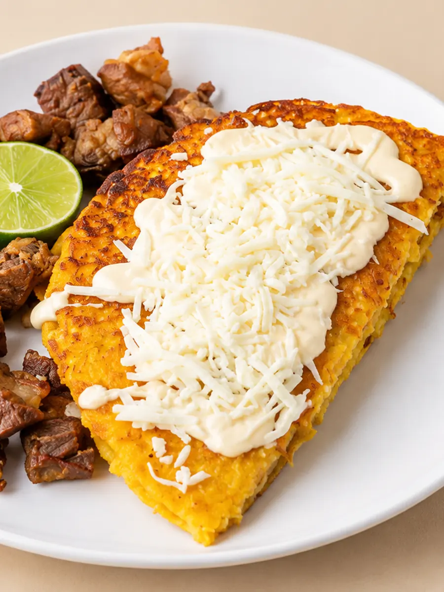 Cachapa doblada con queso rallado y nata, acompañada de chicharrones y limón