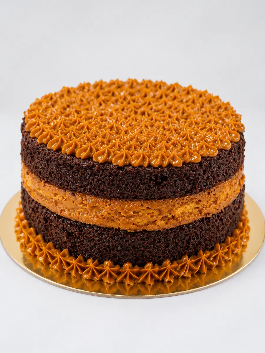 Torta de chocolate de dos pisos rellena y decorada con arequipe